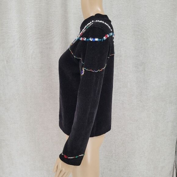 Christopher Radko Vintage Black Chenille Sweater With Beautiful Gems + Beading - Picture 5 of 10